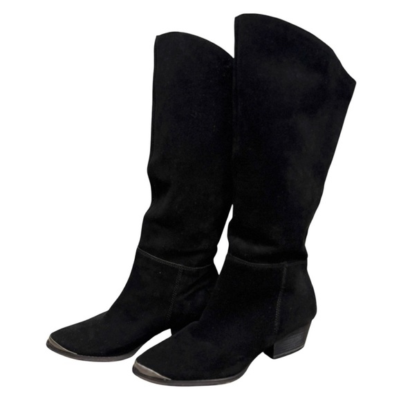 Vintage Y2K 90’s Slouchy Black Western Boho Slouchy Suede Silver Toe Tap Boots - Picture 15 of 16